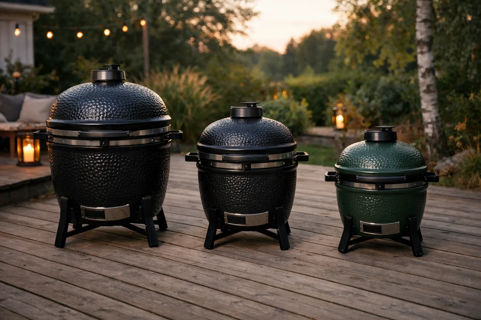 Tre kamadogrillar i olika storlekar på ett trädäck.