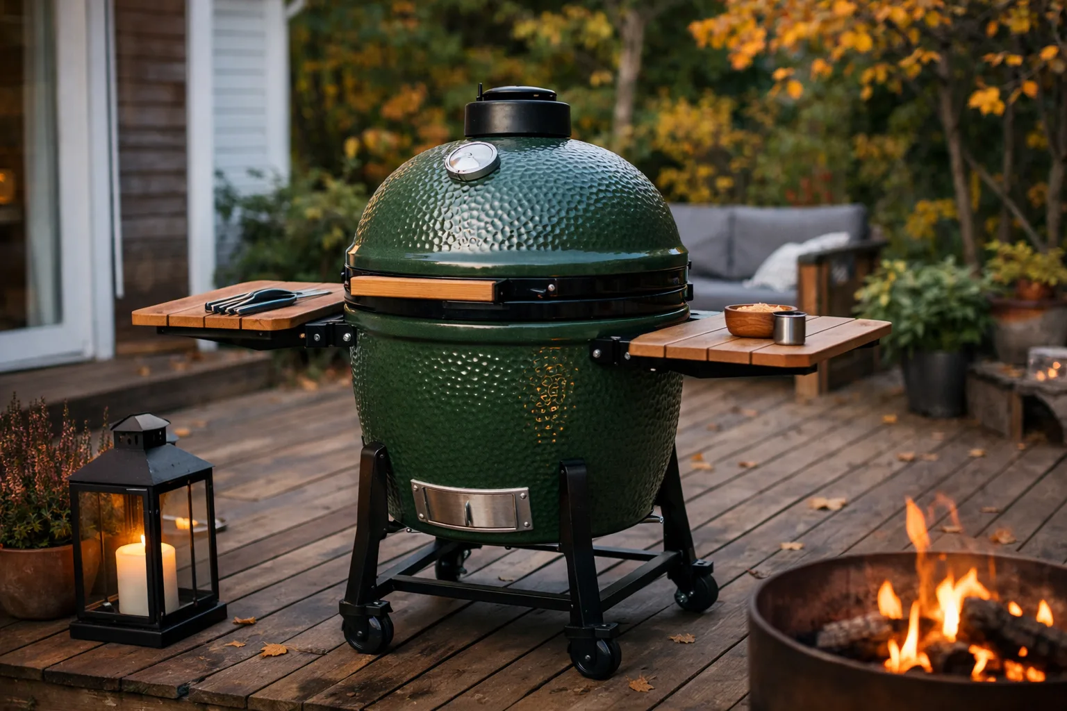 Grön kamado på uteplats bland höstgrönska.
