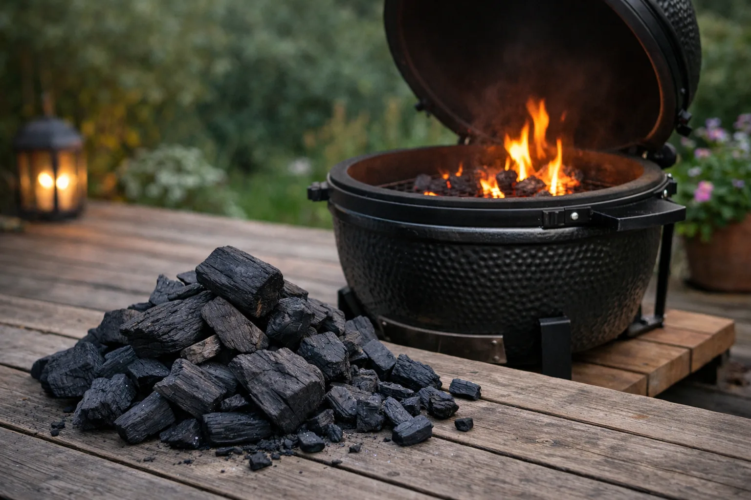Träkol bredvid en öppen kamado.