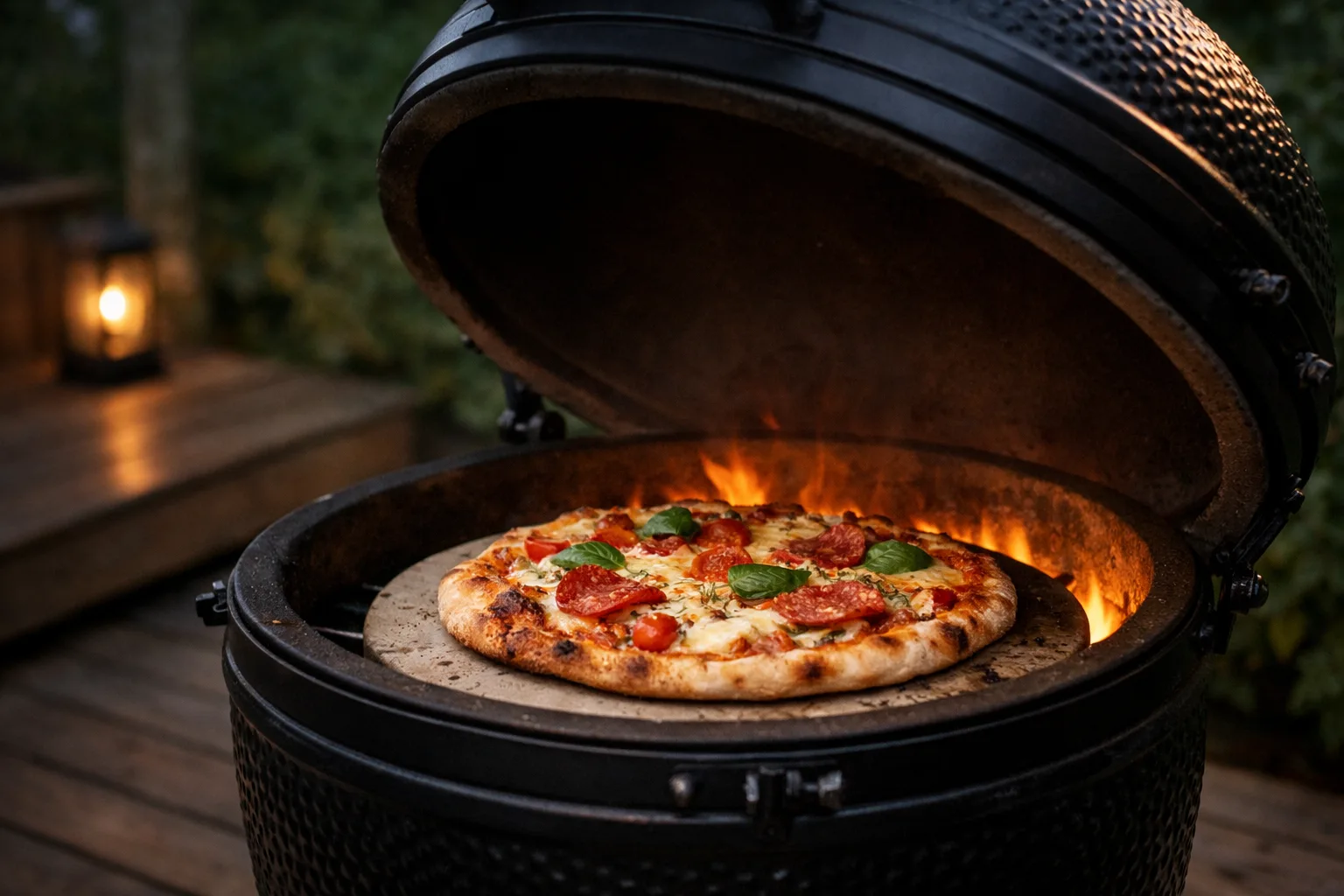 Pizza gräddas på sten i kamadon.