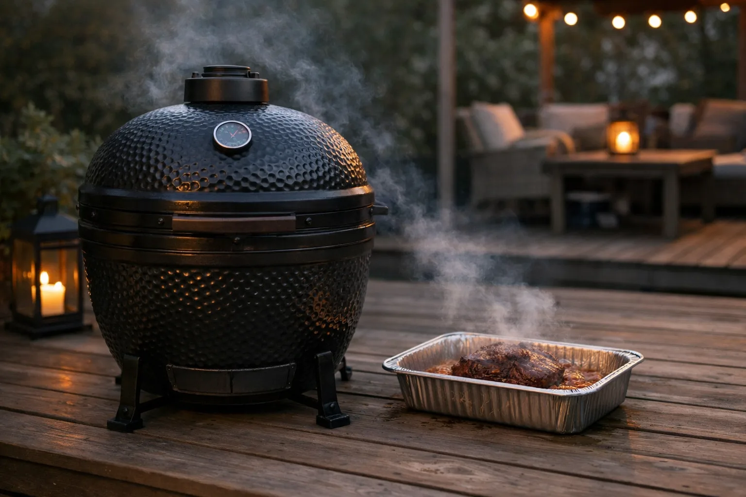 Kamado med stängt lock för långsam rökning.