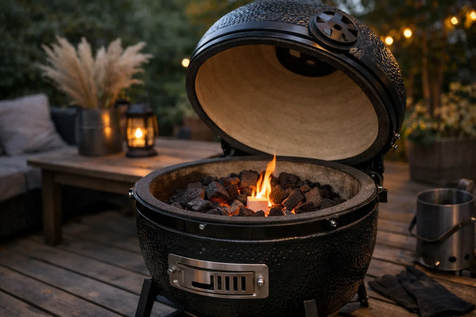 Öppen kamado med tänd kolbädd och synliga spjäll.