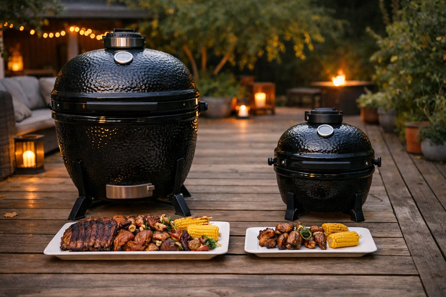 Två kamadogrillar i olika storlekar på ett trädäck.