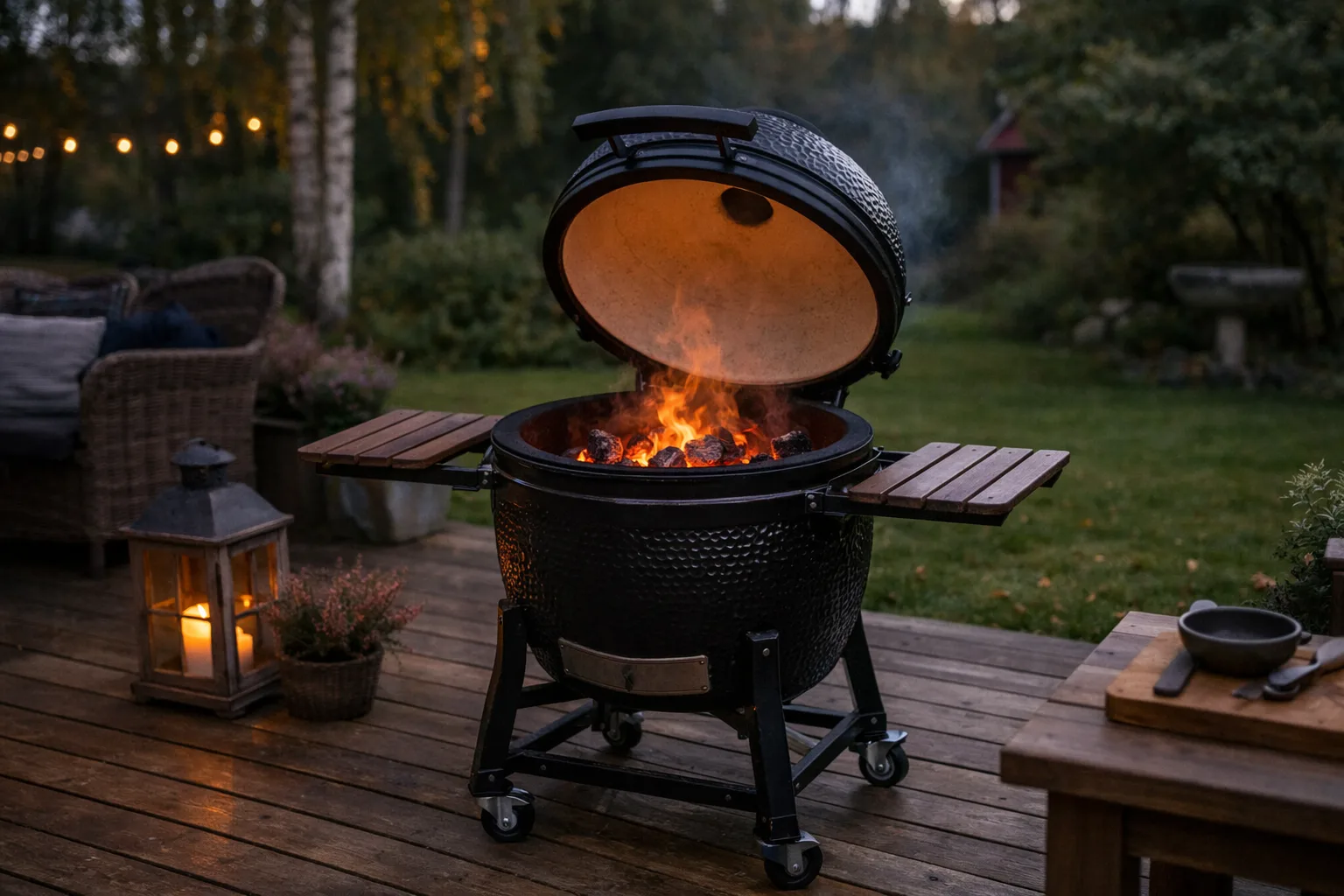 Svart kamado på trädäck i höstträdgård.
