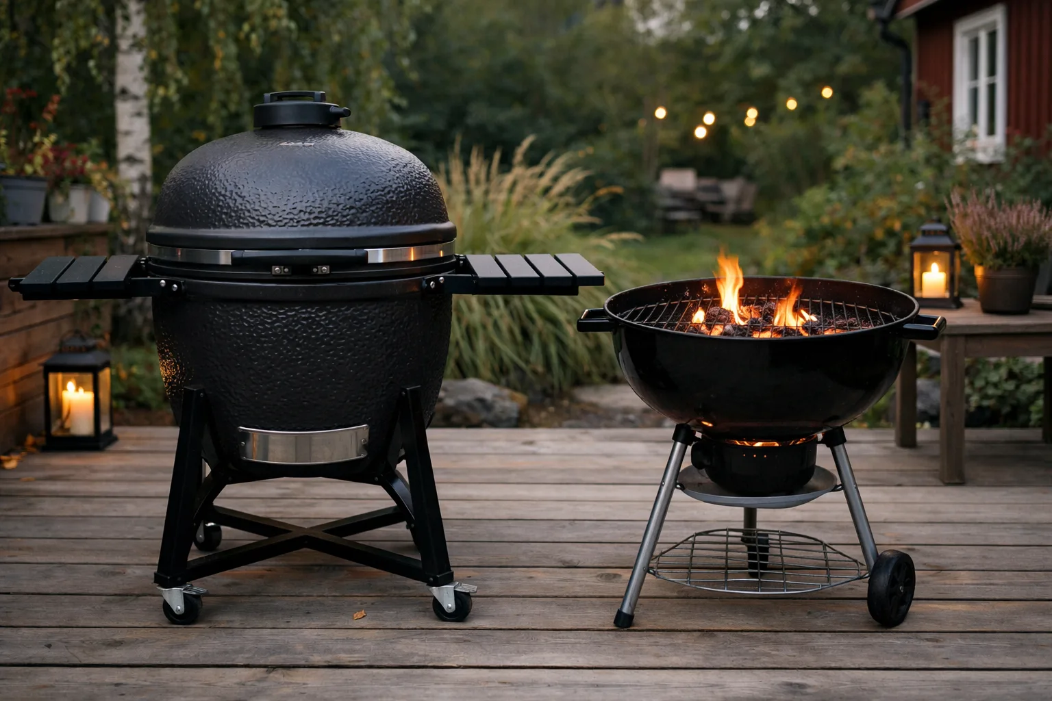 Kamado och kolgrill på ett trädäck.