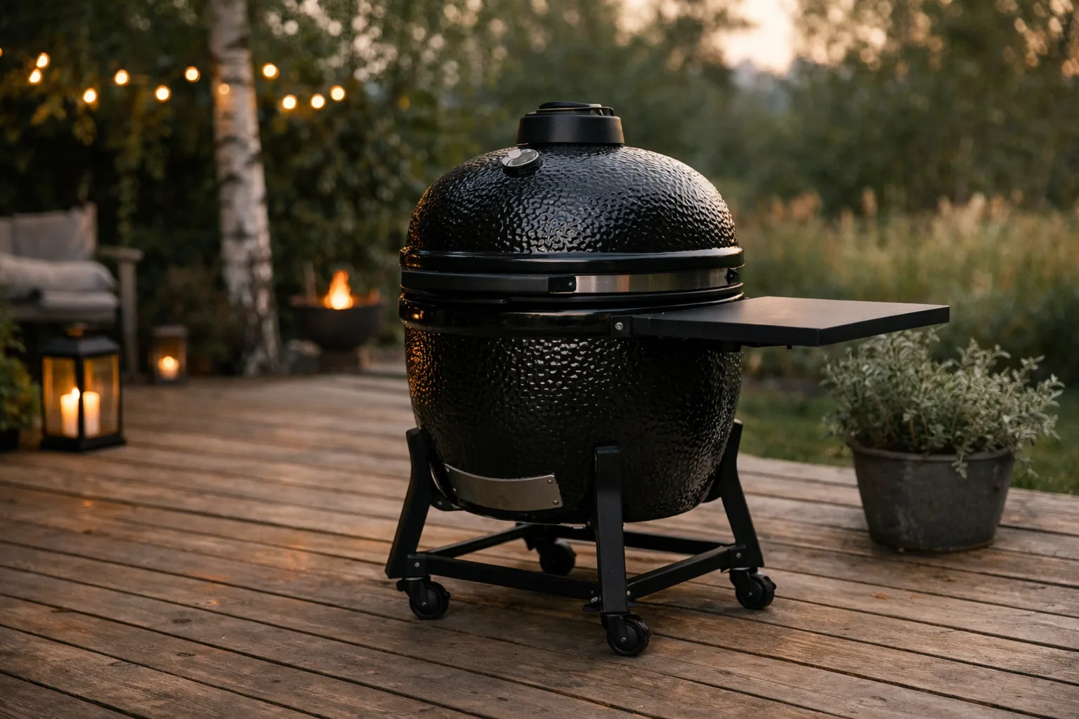 Svart keramisk kamado sedd från sidan.