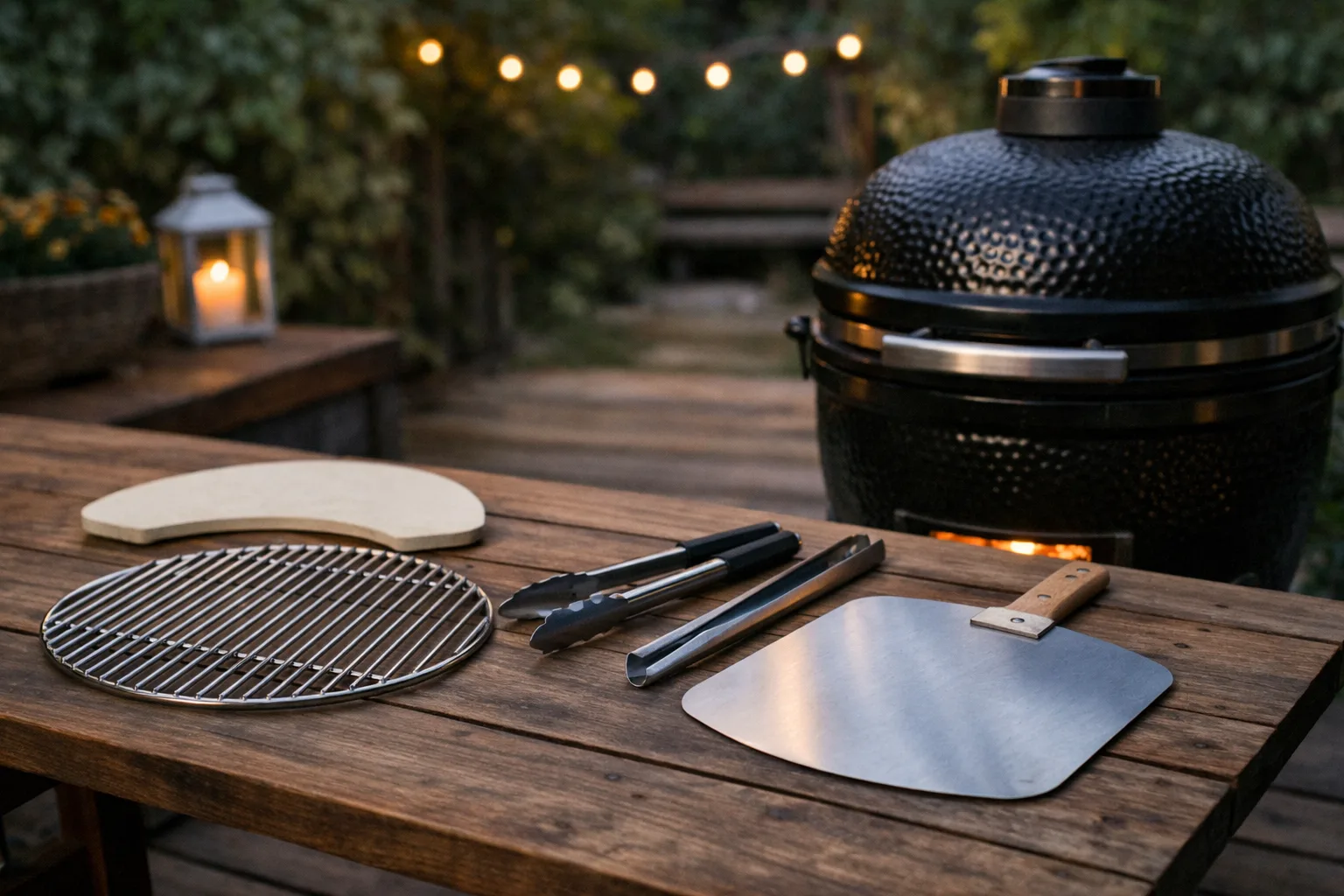 Grilltillbehör samlade bredvid en kamado.