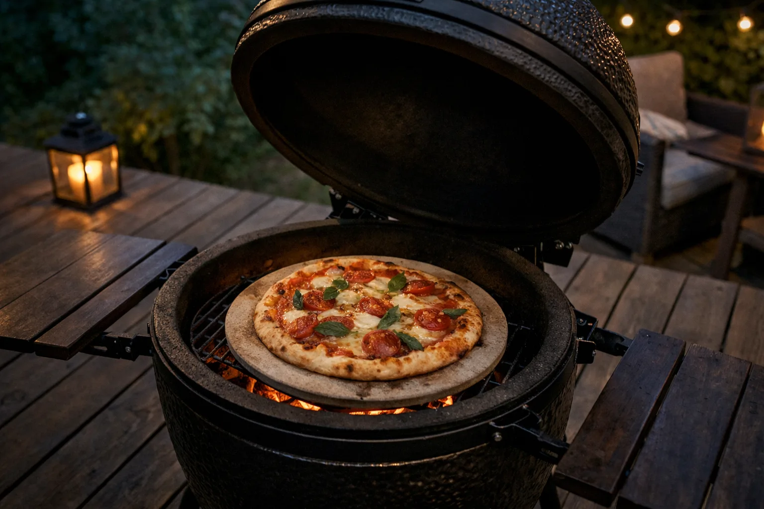 Pizza på sten i en öppen kamado.
