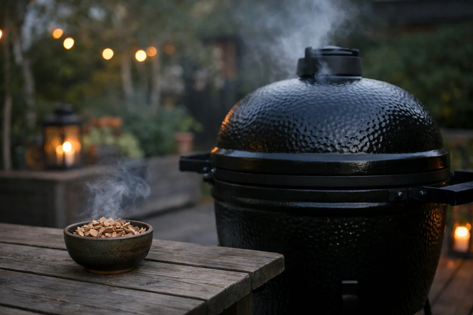 Rökspån bredvid en kamado med lätt rök.
